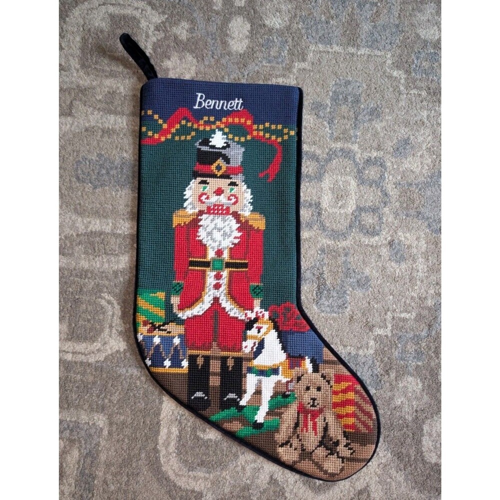 Lands End Needlepoint Nutcracker Xmas Stocking Christmas  "Bennett"